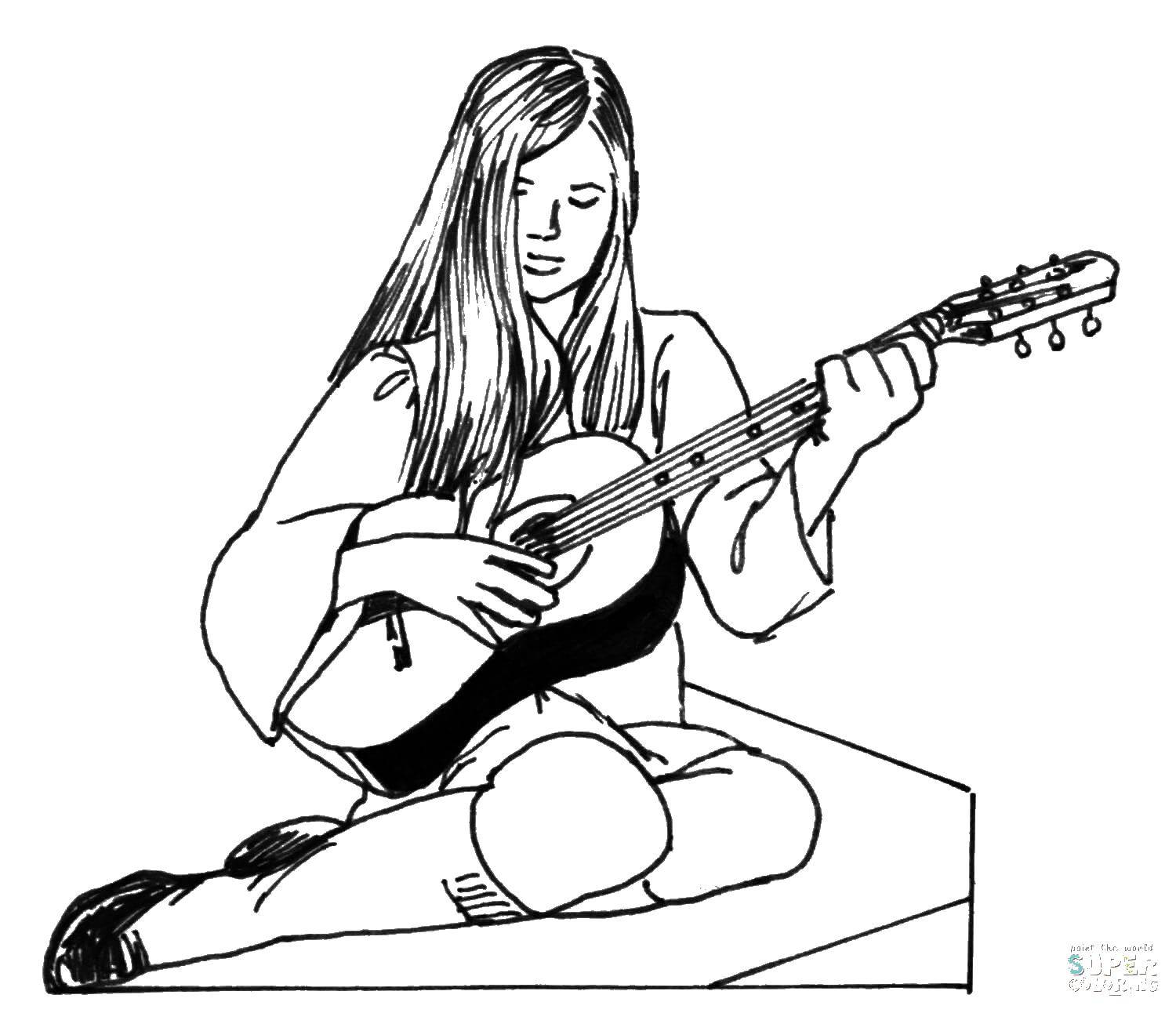Название: Раскраска Девушка играет на гитаре. Категория: гитара. Теги: гитара, музыка, девушка.