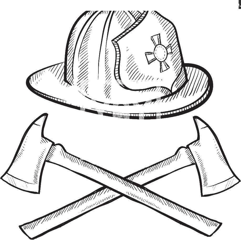 Coloring Fire helmet and axe. Category coloring book firefighter. Tags:  fireman, helmet, axe.