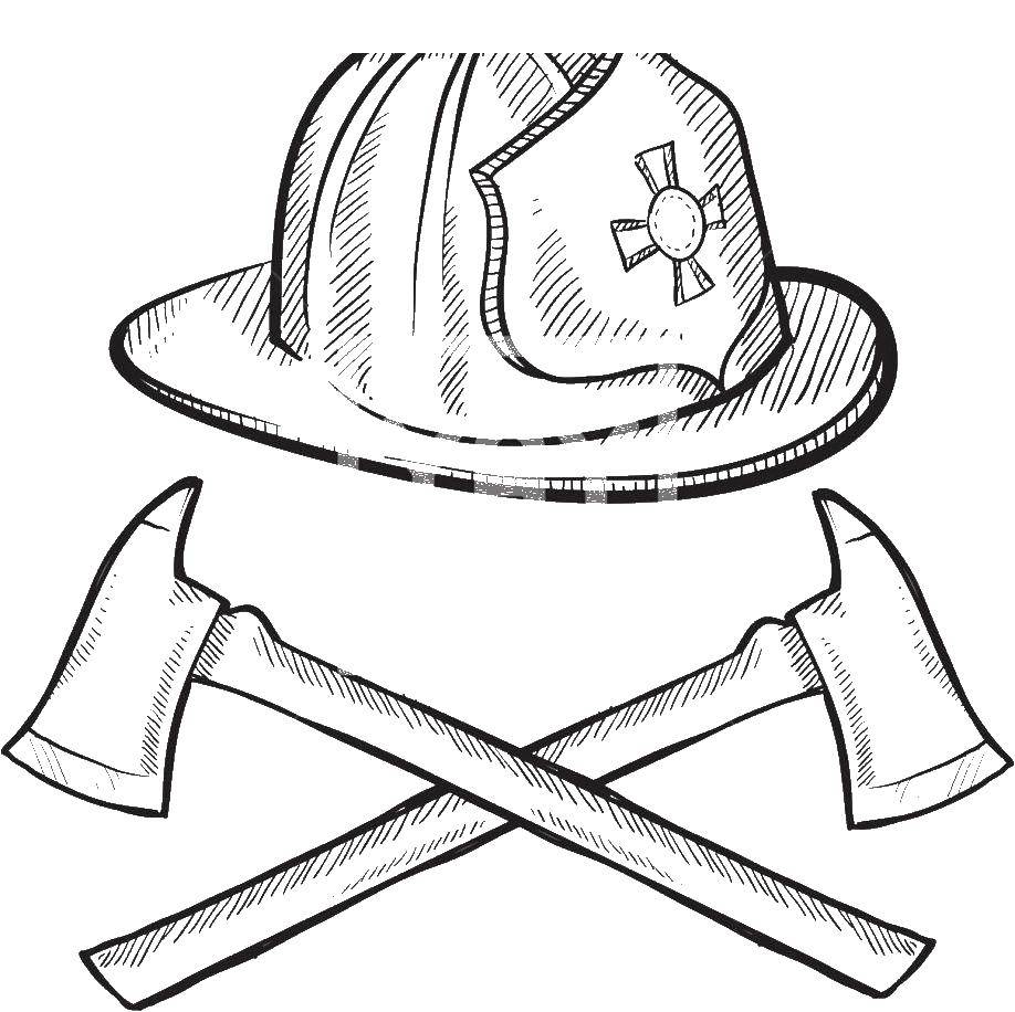 Coloring Fire helmet and axe. Category coloring book firefighter. Tags:  fireman, helmet, axe.