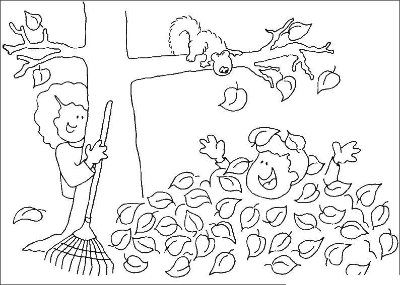 Название: Раскраска Дети играют с листвой. Категория: Осенний листопад. Теги: листья, дети.
