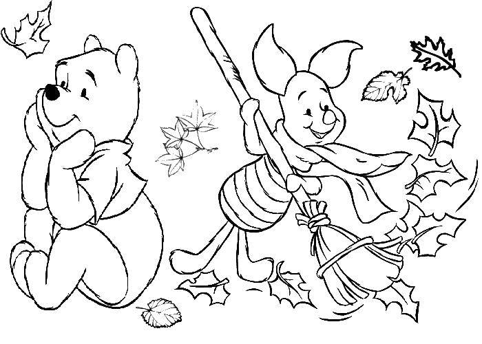 Название: Раскраска Винни пух и пятачок убирают листья. Категория: Диснеевские мультфильмы. Теги: Винни Пух, пятачок, листья.