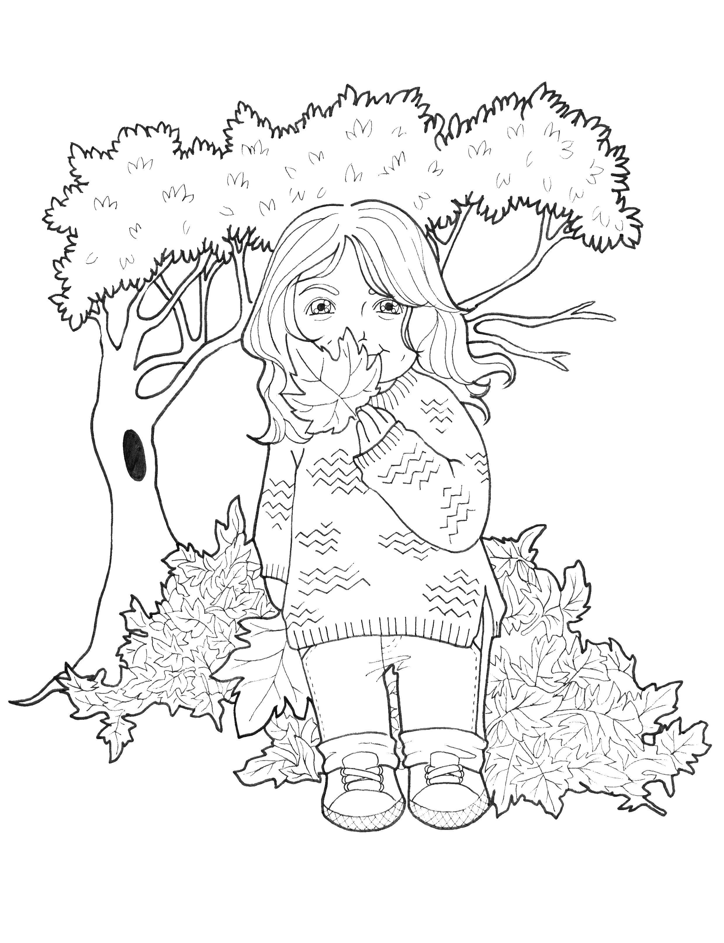 Название: Раскраска Девочка собирает листья. Категория: Осенний листопад. Теги: девочка, листья.