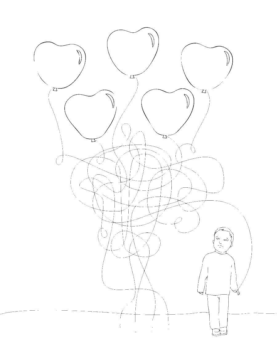 Название: Раскраска Мальчик и воздушные шары. Категория: лабиринт. Теги: лабиринт.
