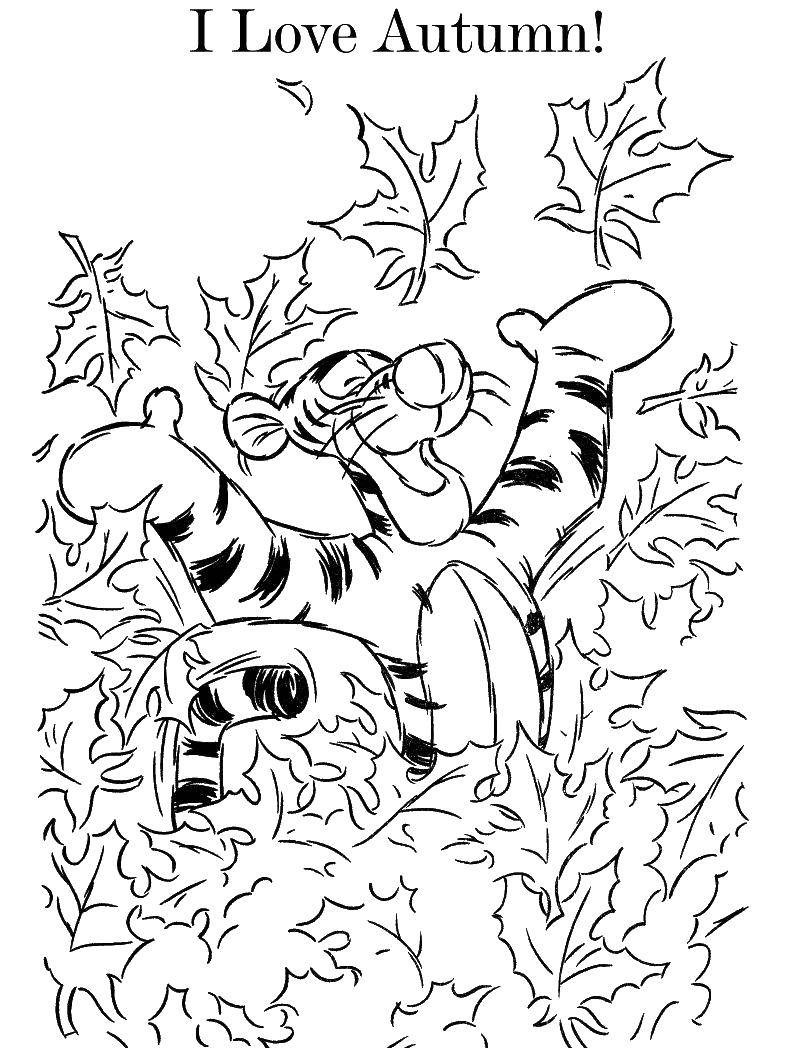 Название: Раскраска Тигруля играет с листьями. Категория: Диснеевские мультфильмы. Теги: Винни Пух, пятачок.