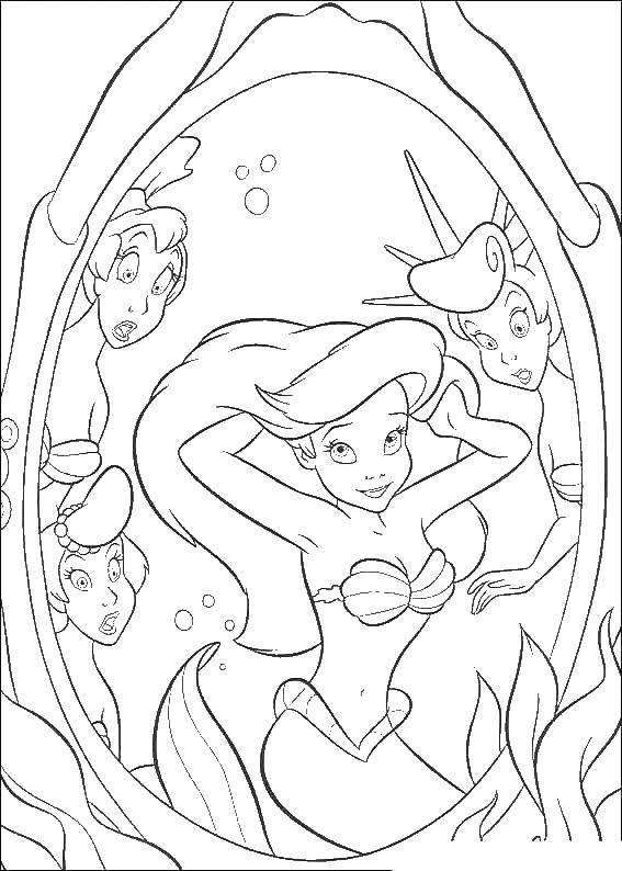 Coloring Ariel and sisters. Category Disney cartoons. Tags:  Ariel, mermaid.