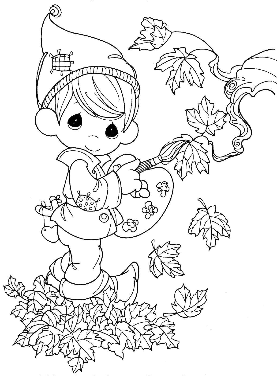 Название: Раскраска Листья. Категория: Осенний листопад. Теги: листья, мальчик, осень.