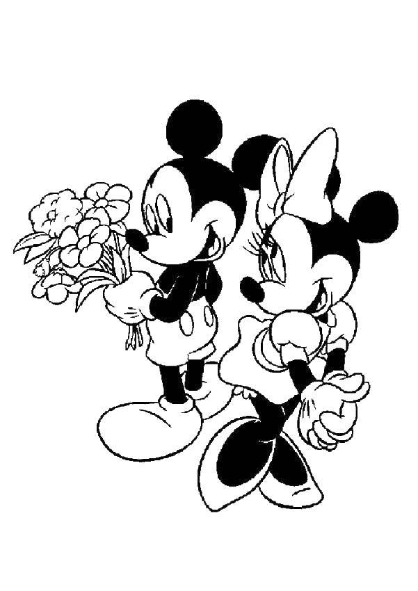 Coloring Mickey mouse giving flowers to Minnie mouse. Category Mickey mouse. Tags:  Mickey mouse, Minnie.