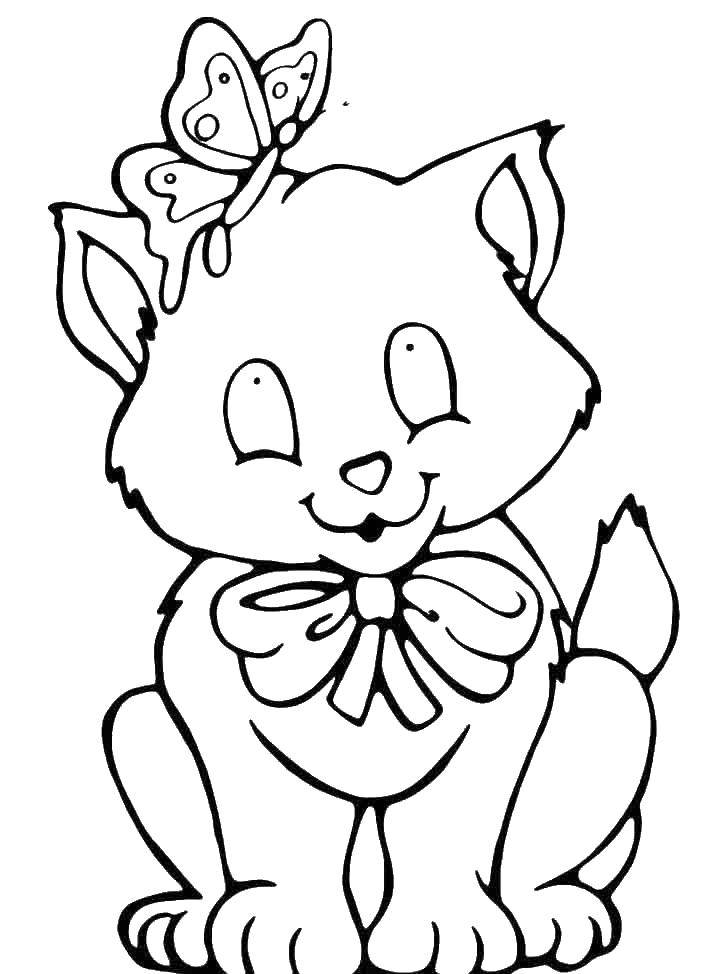 Coloring Kitty playing with a butterfly. Category coloring pages for girls. Tags:  the cat.