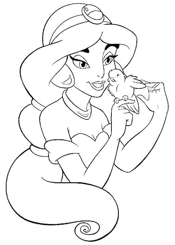 Название: Раскраска Принцесса жасмин с птичкой. Категория: Принцессы. Теги: принцессы, Жасмин.