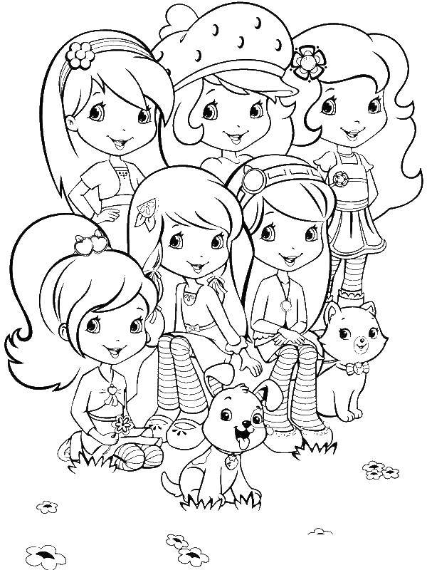 Coloring Charlotte strawberry with friends. Category coloring pages for girls. Tags:  Charlotte, cartoon.