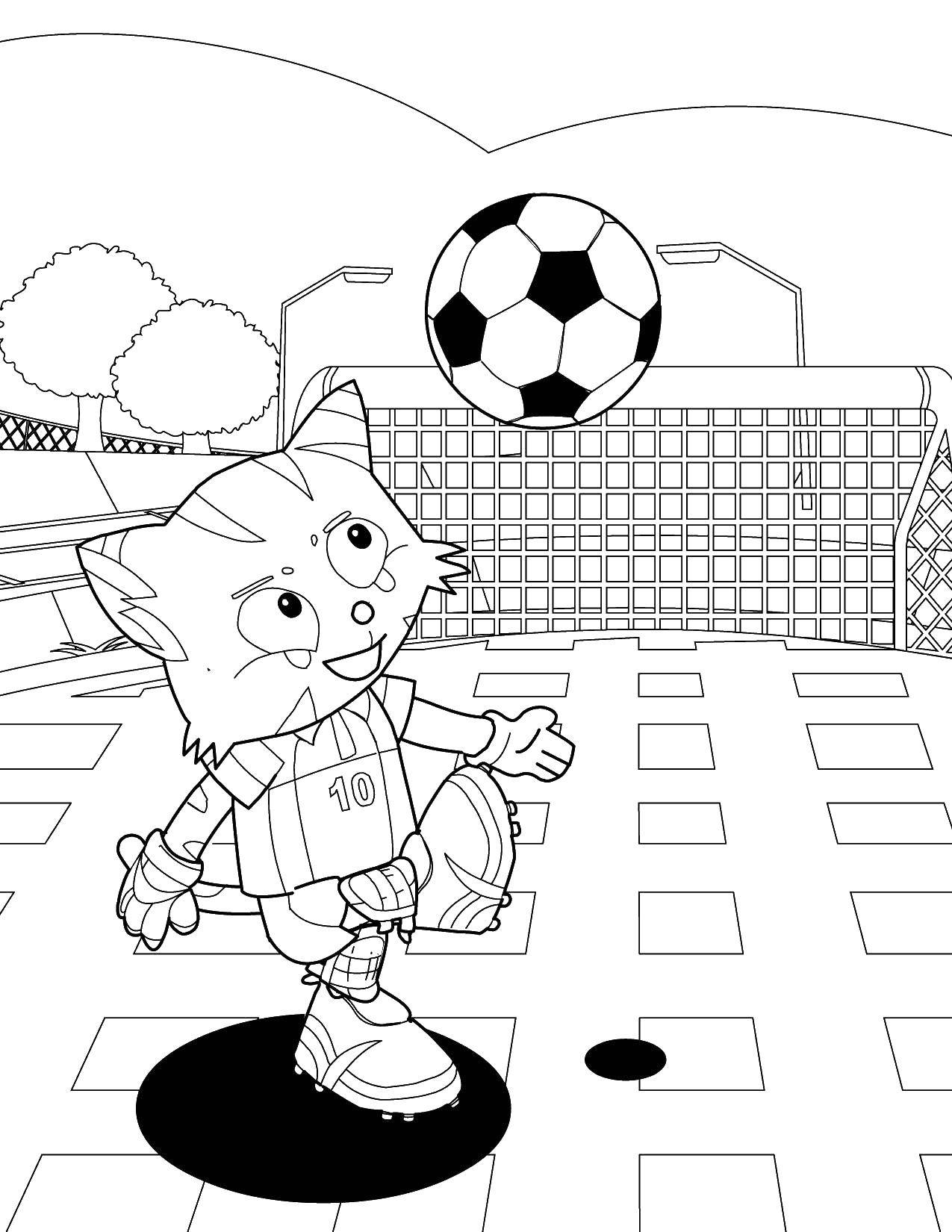 Название: Раскраска Котик играет в футбол. Категория: Футбол. Теги: футбол, спорт, котик.