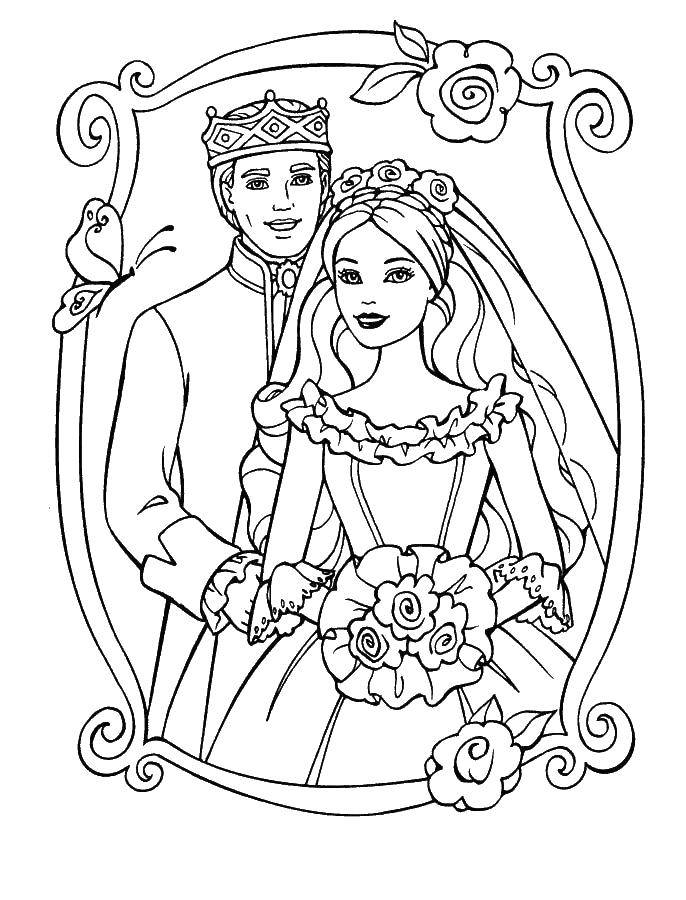 Название: Раскраска Принц и принцесса с цветами в красивой рамке.. Категория: раскраски для девочек. Теги: принц, принцесса, для девочек, барби, кен.