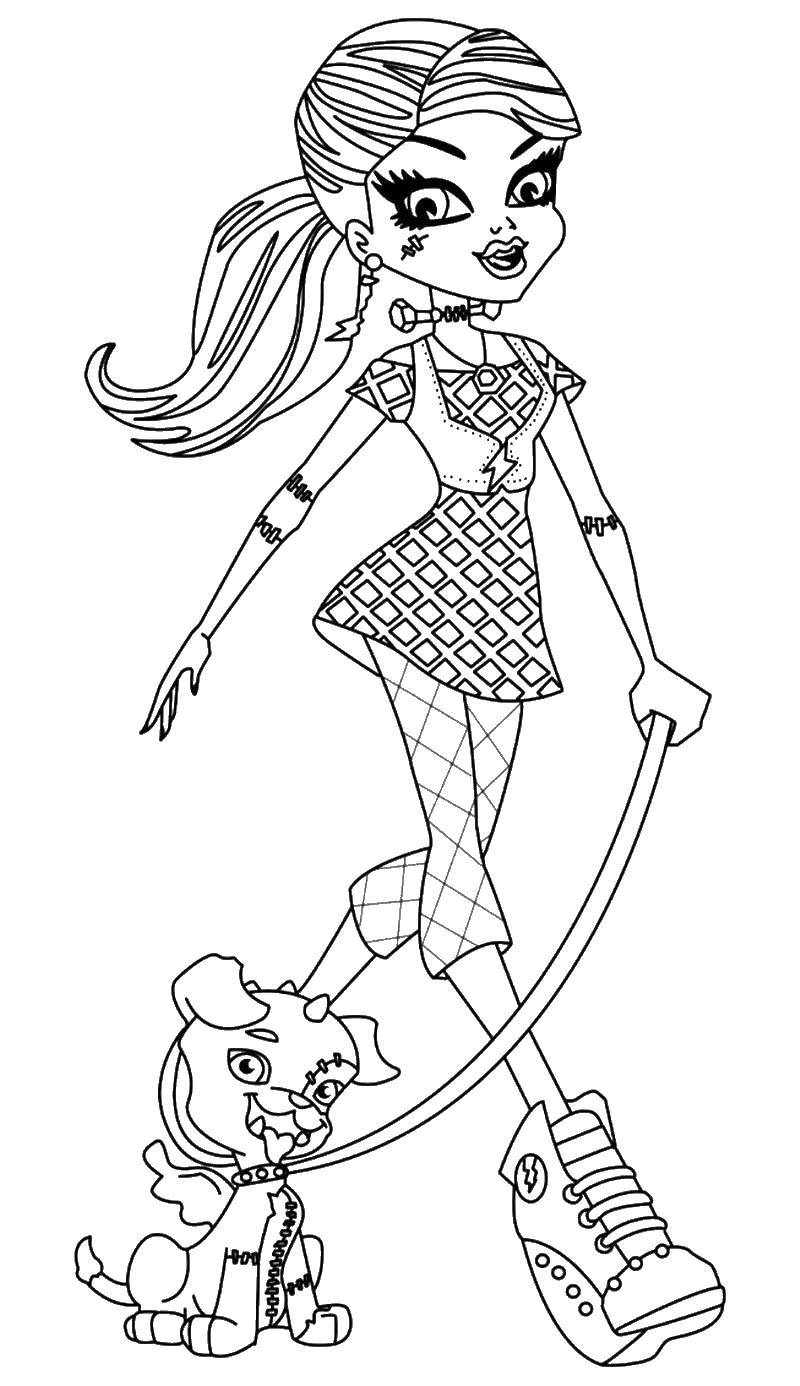 Coloring Stylish girl-Barbie walks with her dog. Category coloring pages for girls. Tags:  girl, doll, Barbie, dog.