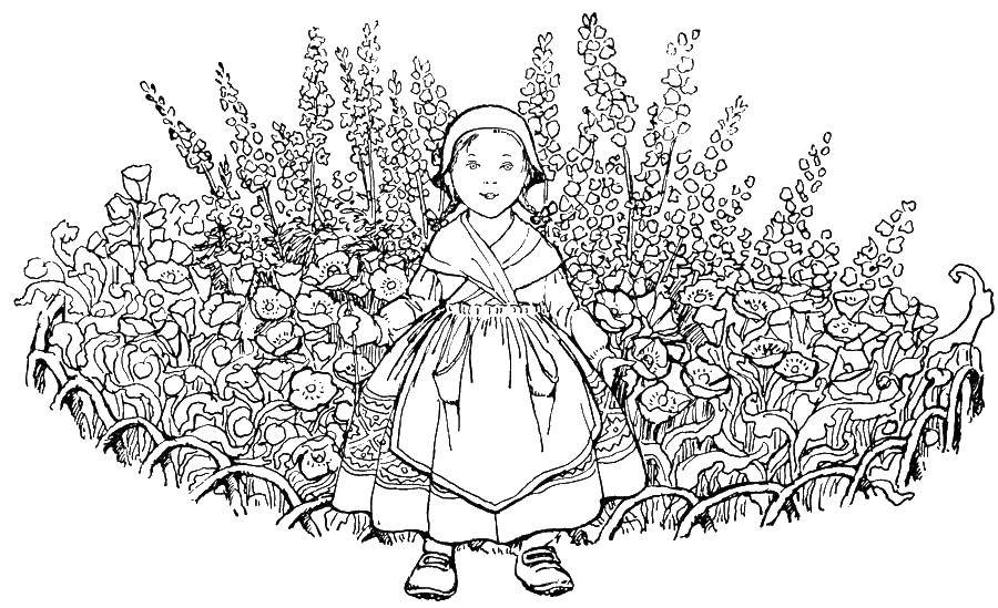 Название: Раскраска Девочка и цветы. Категория: Сложный дизайн. Теги: девочка, природа, цветы, антистресс.