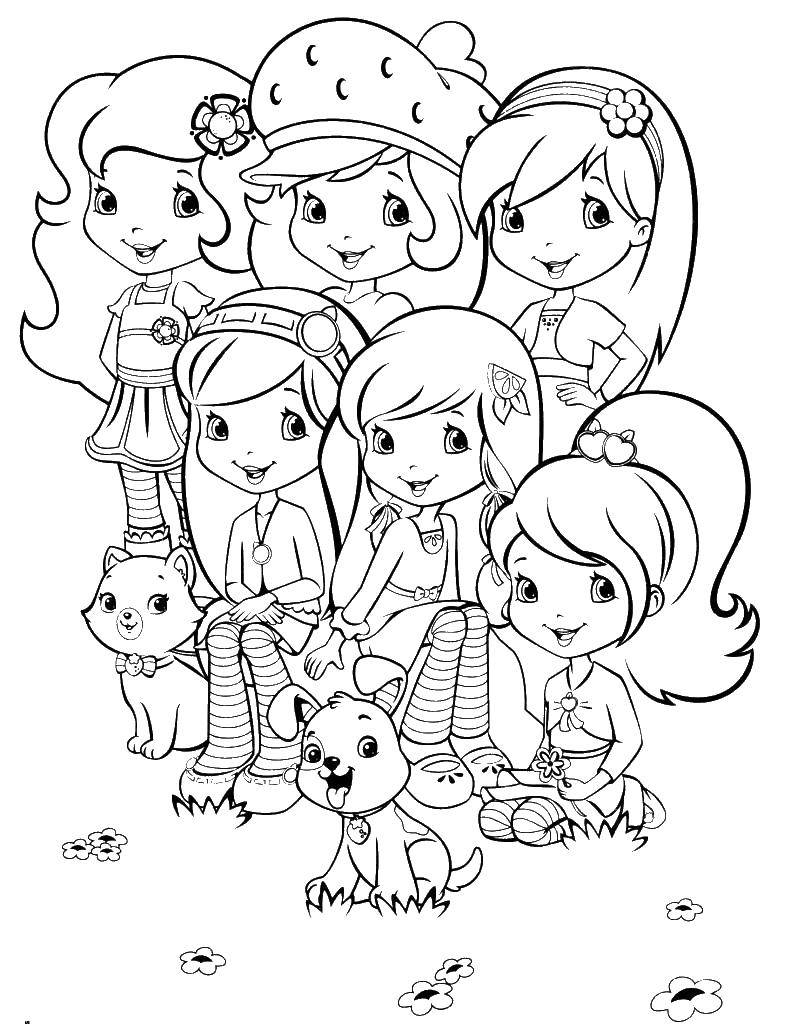Розмальовки  Красиві дівчата-подружки разом зі своїми вихованцями: котиком і собачкою.. Завантажити розмальовку дівчата, ляльки, вихованці, друзі.  Роздрукувати ,розмальовки для дівчаток,