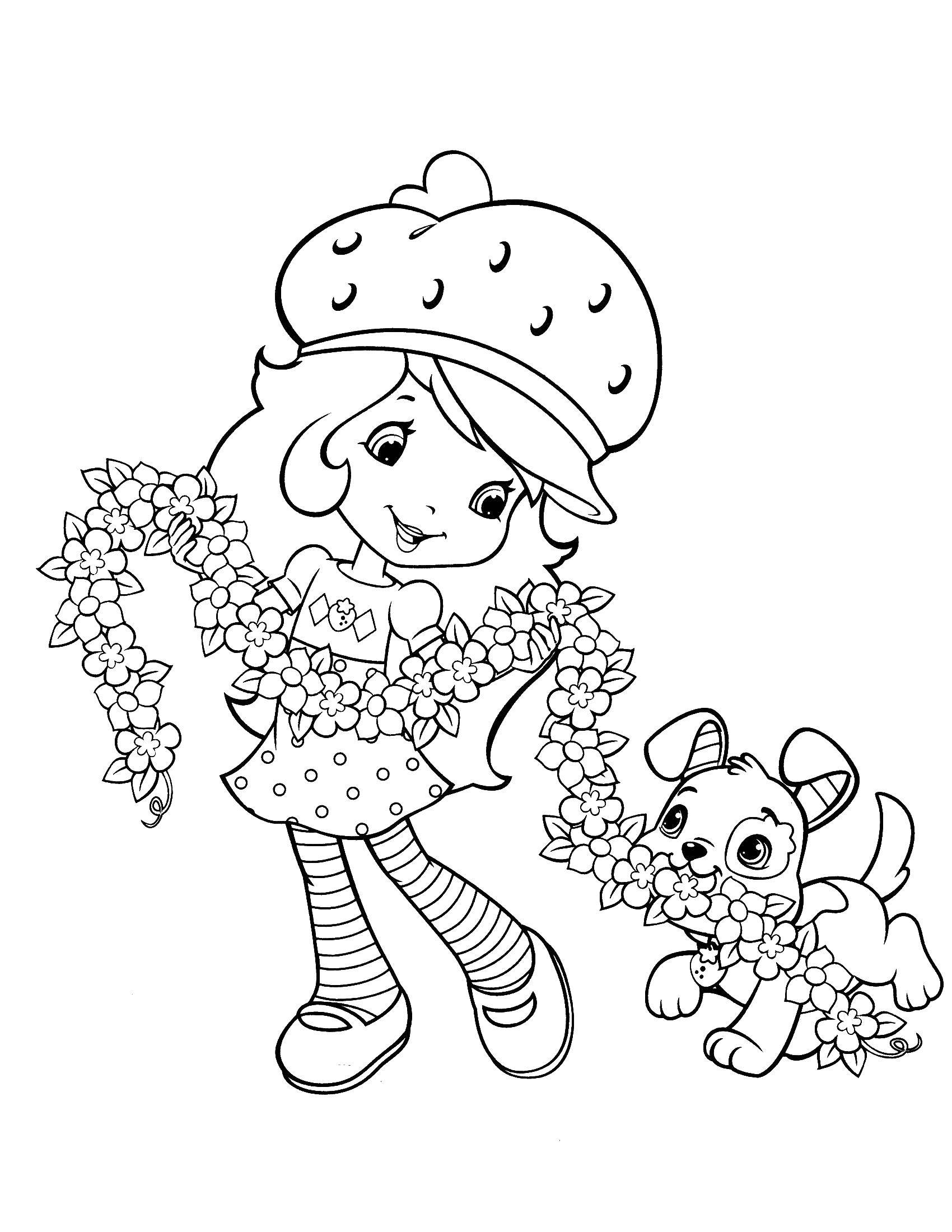 Coloring Beautiful girl in a hat with a bunch of flowers in his hands playing with his dog. Category coloring pages for girls. Tags:  girl, doll, Barbie, flowers, dog.