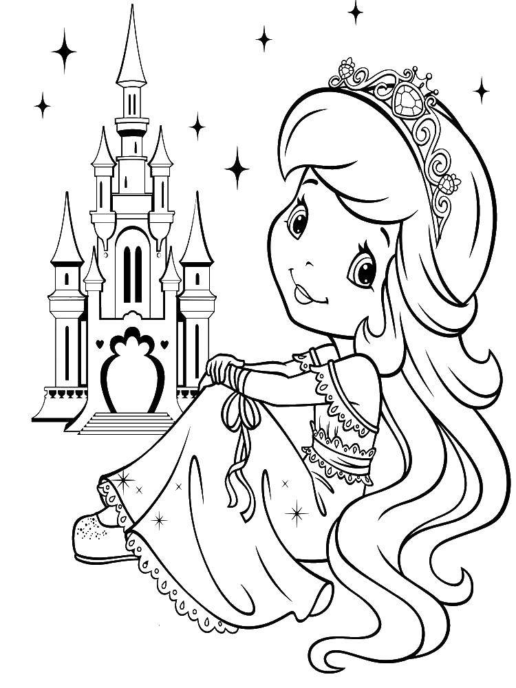 Название: Раскраска Маленькая принцесса сидит около своего шикарного замка. Категория: принцесса. Теги: принцееса, девочка, замок.
