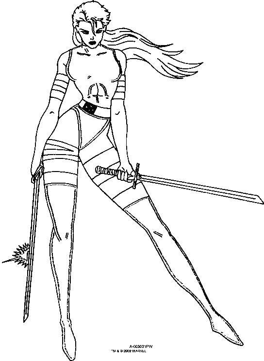 Опис: розмальовки  Дівчина мутант з мечами. Категорія: Люди ікс. Теги:  меч, дівчина.