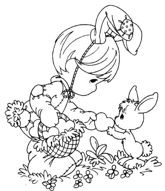 Coloring Boy in Bunny suit gives the Bunny a heart from the basket.. Category Nature. Tags:  nature, boy, child, Bunny, rabbit.