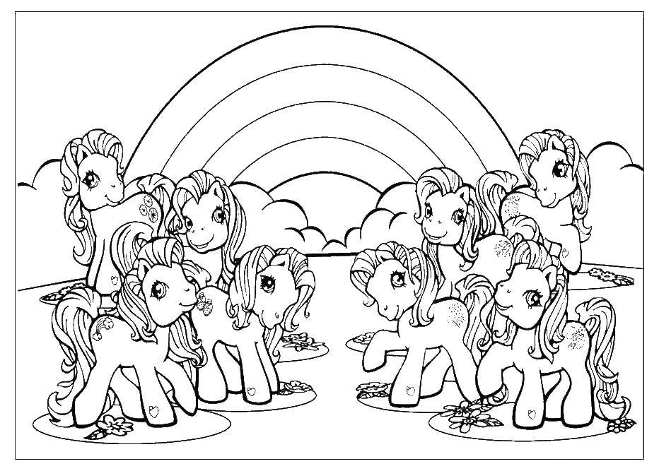 Название: Раскраска Восемь милых пони на фонерадуги. Категория: Пони. Теги: Пони, радуга, my little ponny.