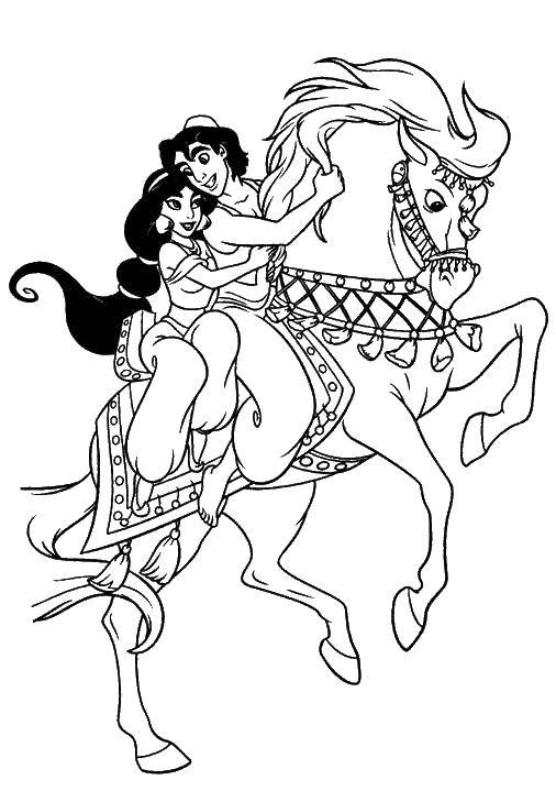 Coloring Aladdin and Jasmine on horseback. Category the carpet plane. Tags:  Disney, Aladdin, Jasmine.
