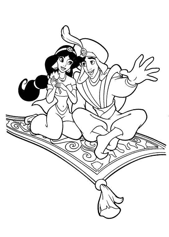 Coloring Jasmine and Aladdin.. Category the carpet plane. Tags:  Disney, Aladdin, Jasmine.