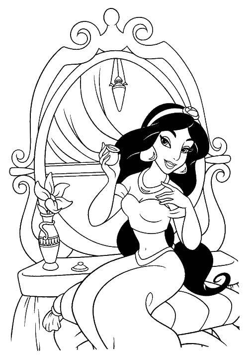 Coloring Jasmine in the mirror. Category the carpet plane. Tags:  Disney, Aladdin, Jasmine.