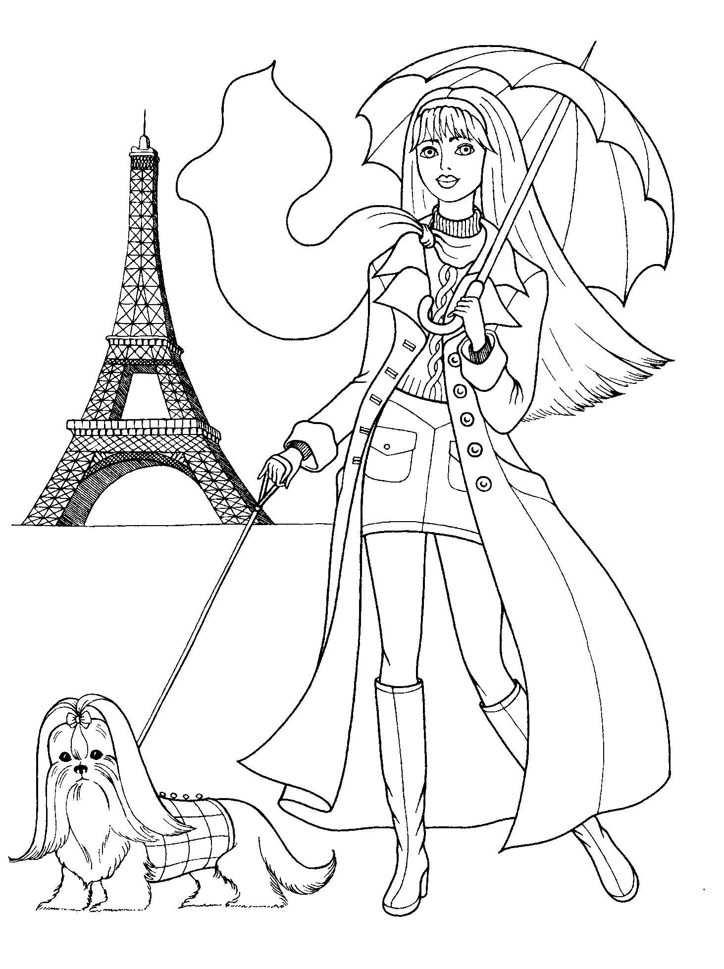 Название: Раскраска Девочка-барби с собачкой на фоне эльфелевой башни. Категория: раскраски для девочек. Теги: девочка, кукла, барби, Эльфелева башня.