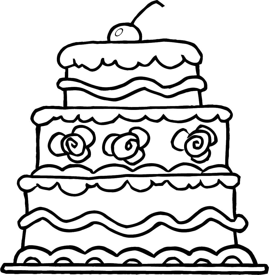Название: Раскраска Торт с вишенкой. Категория: торты. Теги: Торт, еда, праздник.