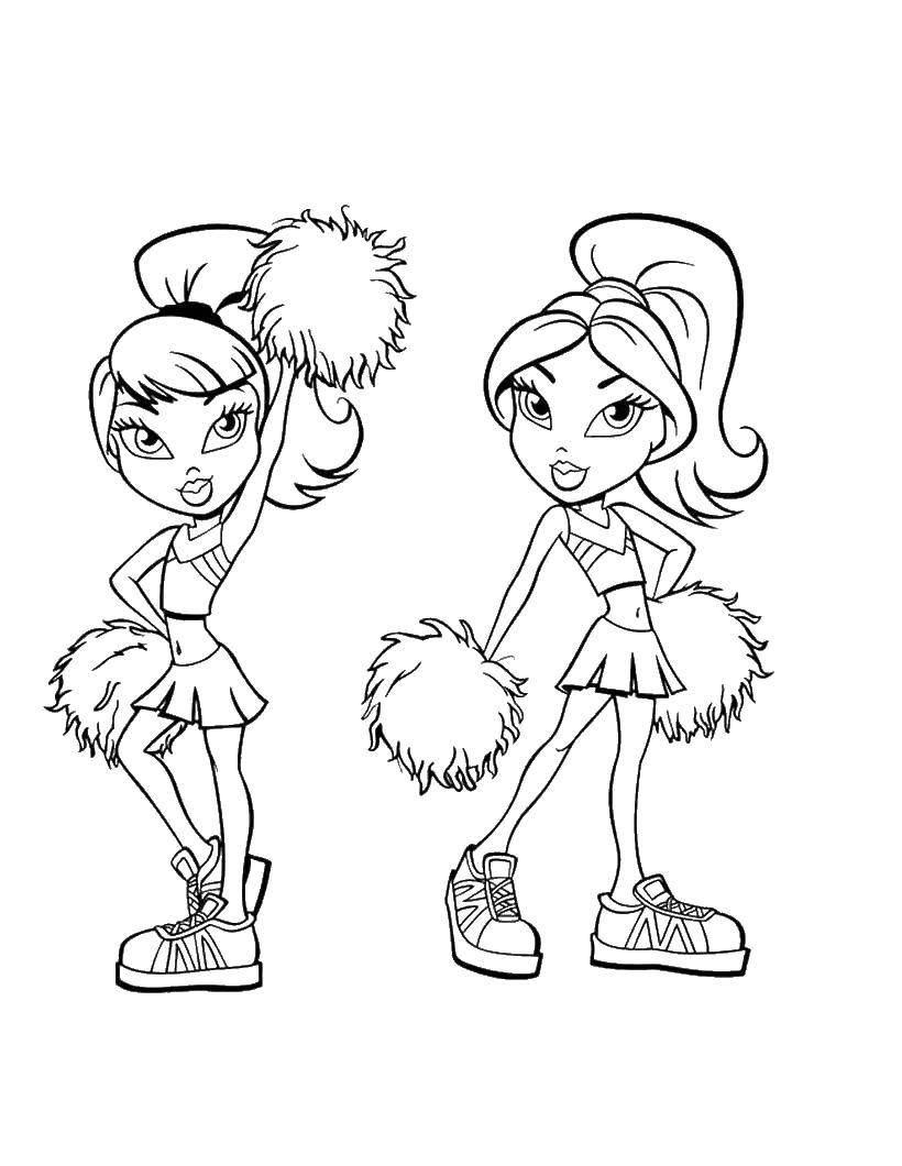 Coloring Two dolls-cheerleaders. Category coloring pages for girls. Tags:  girl, doll, Barbie, Bratz, cheerleaders.