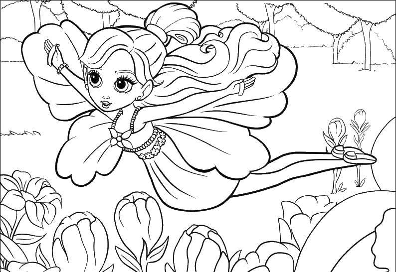 Название: Раскраска Фея пролетает над лугом с цветами. Категория: феи. Теги: девочка, кукла, фея, цветы.