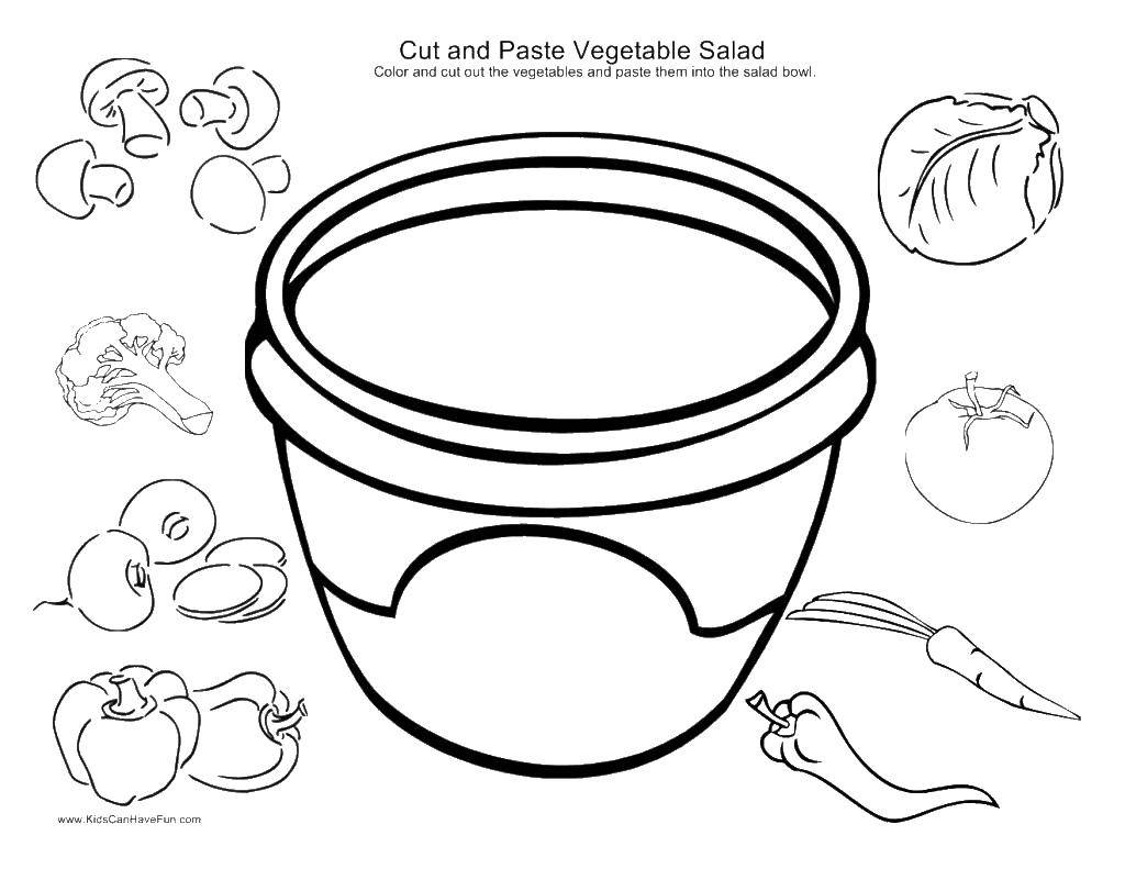 Coloring Vegetables for salad. Category Templates for cutting out. Tags:  templates, salad, vegetables.