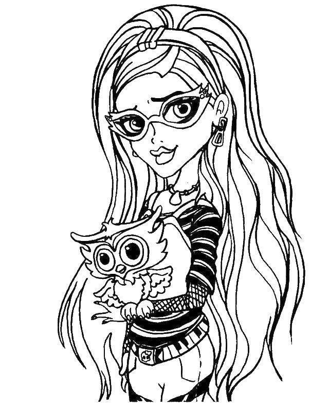 Coloring Girl with an owl on hand. Category coloring pages for girls. Tags:  girl , Barbie, owl.