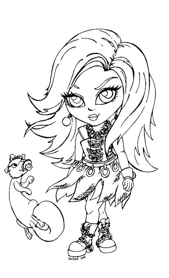 Coloring Doll with animal. Category coloring pages for girls. Tags:  girl, doll, Barbie, Bratz, animal.