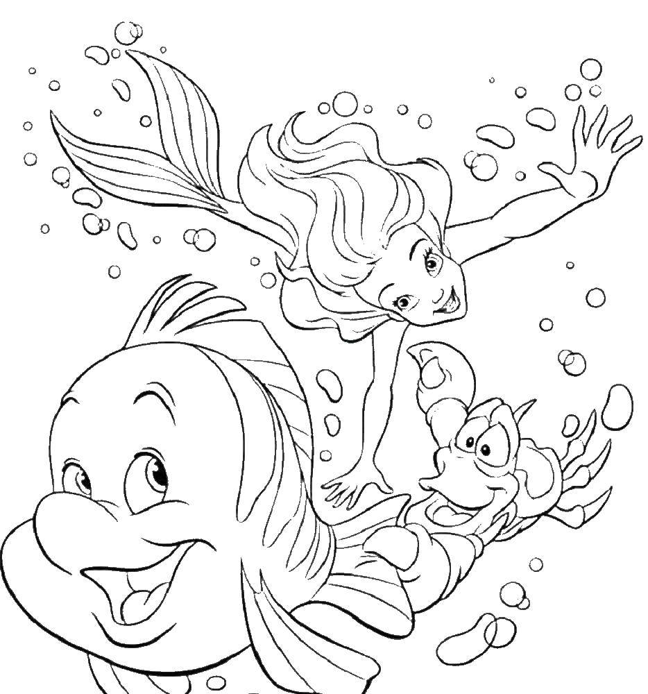 Название: Раскраска Ариэль плавает со своими друзьями. Категория: мультики. Теги: мультфильмы, Ариэль, русалка.