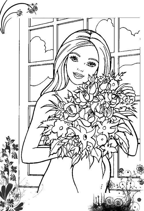 Coloring Barbie with bouquet of flowers.. Category Barbie . Tags:  Barbie , flowers, flower.