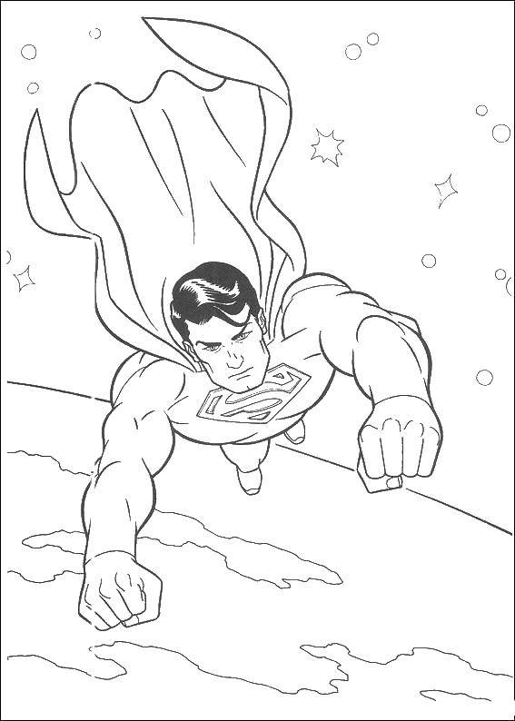 Название: Раскраска Супермен летит над планетой. Категория: супергерои. Теги: супергерои, мультфильмы, супермен.