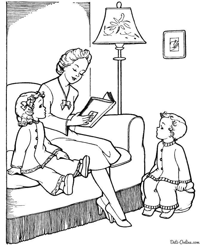 Coloring Mom reads stories to children. Category Family. Tags:  Family, parents, children.
