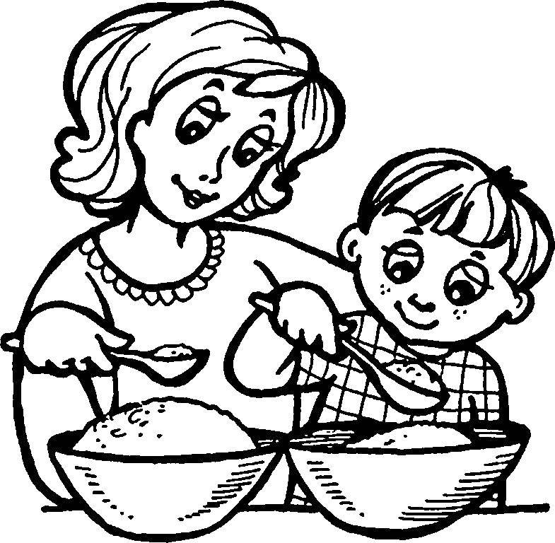 Coloring Mom teaches son how to cook. Category Family. Tags:  Family, parents, children.