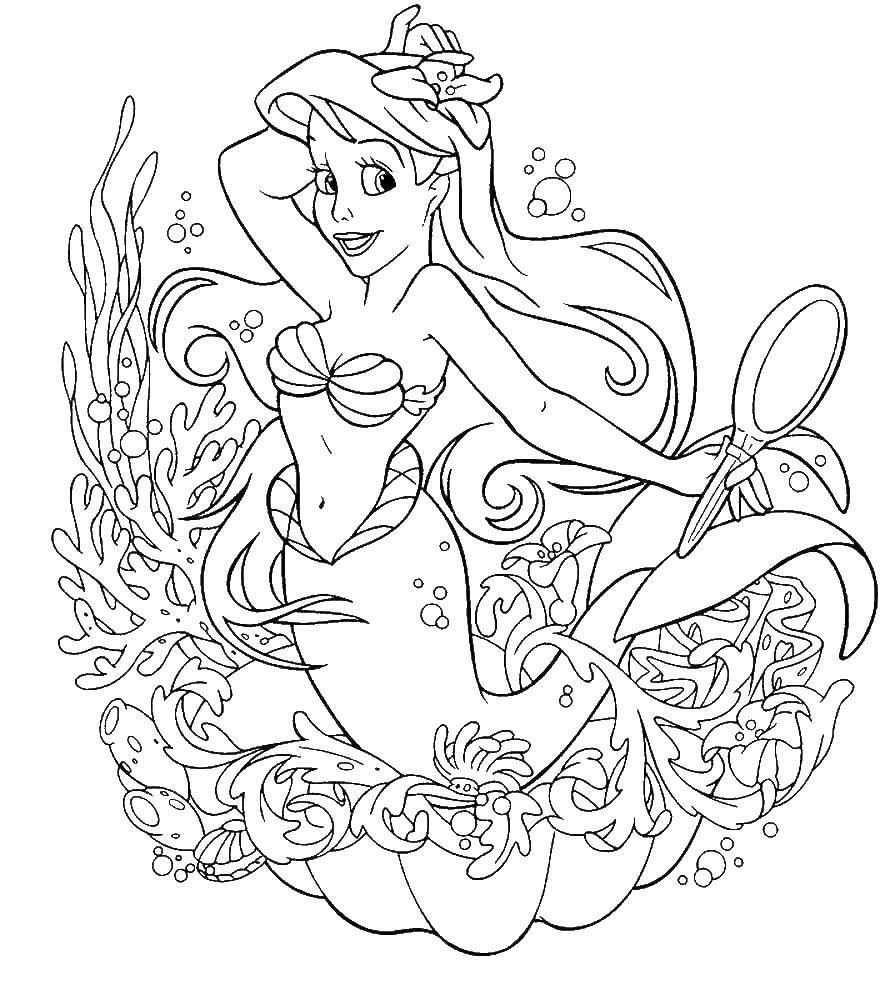 Coloring Mermaid Ariel looks in the mirror. Category cartoons. Tags:  cartoons, Ariel, mermaid.
