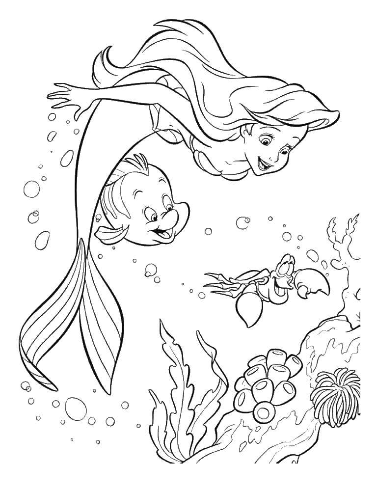 Название: Раскраска Русалка ариэль возле кораллового дна. Категория: мультики. Теги: мультфильмы, Ариэль, русалка.