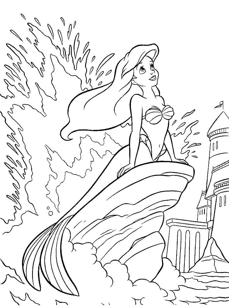 Coloring Mermaid Ariel on the crest of a wave. Category cartoons. Tags:  cartoons, Ariel, mermaid.