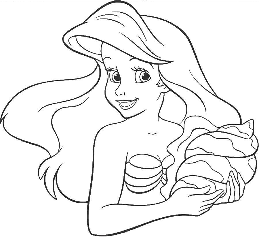 Coloring Mermaid Ariel with seashell. Category cartoons. Tags:  cartoons, Ariel, mermaid.