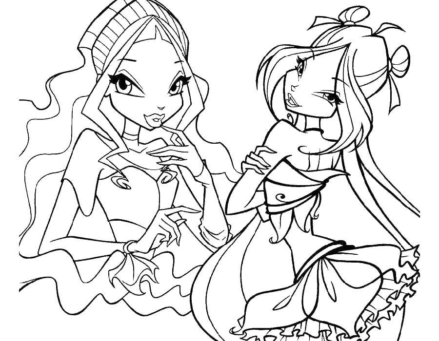 Coloring Two beautiful girls. Category coloring pages for girls. Tags:  girls, dolls, fairies.