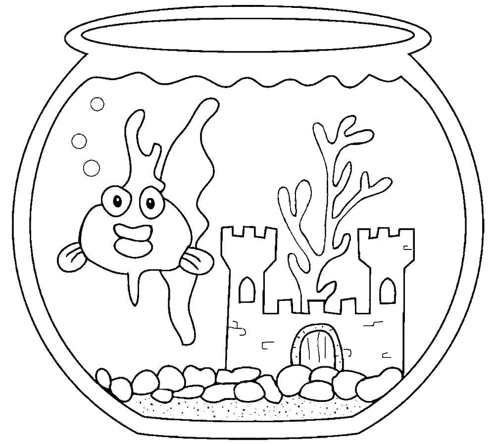 Coloring Fish in aquarium with castle. Category fish. Tags:  fish, sea.