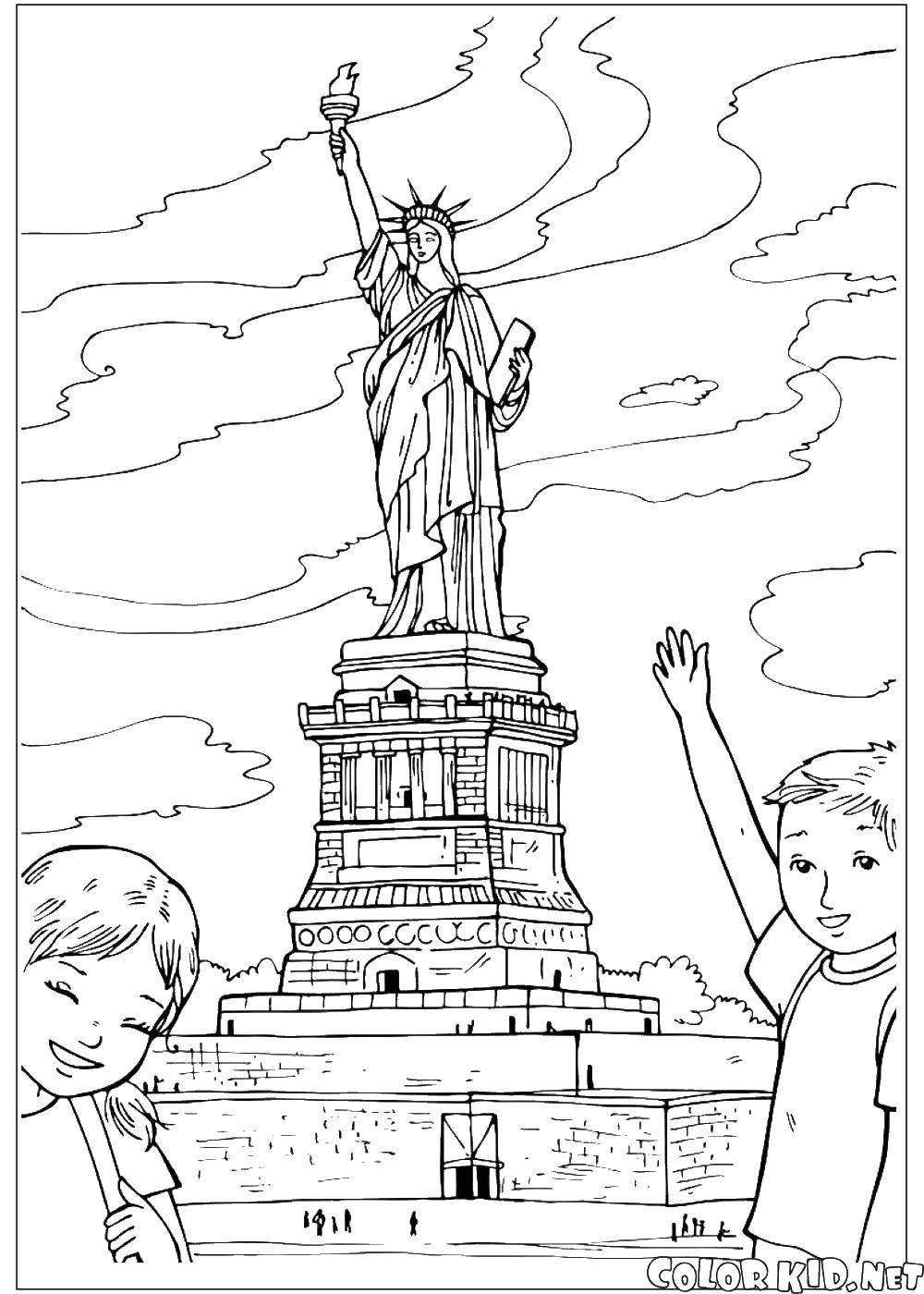 Название: Раскраска Статуя свободы в сша. Категория: статуя свободы. Теги: Америка, США, флаг.