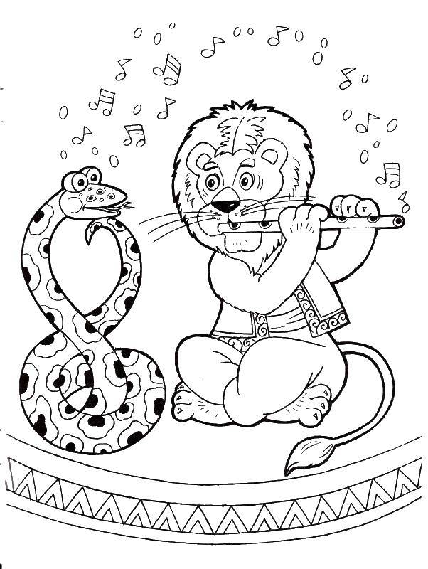 Название: Раскраска Лев играет со змеей. Категория: цирк. Теги: Цирк.