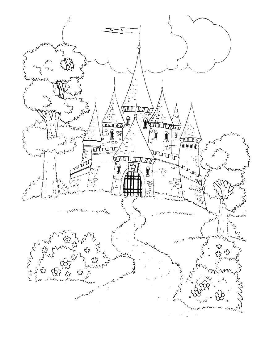 Название: Раскраска Тропа к замку. Категория: замки. Теги: Замок, вода, башни.
