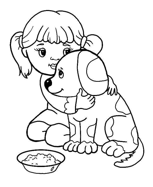 Название: Раскраска Девочка кормит свою собачку. Категория: раскраски для девочек. Теги: девочка, питомцы.