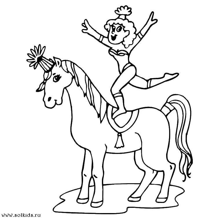 Coloring Gymnast on the horse. Category circus. Tags:  circus, gymnast, horse.